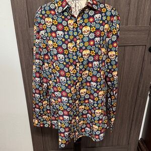 Simon Banks Men's Multicolor Floral Skull Shirt, Large